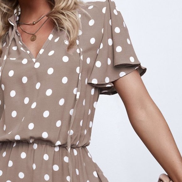 Khaki Polka-Dot Flowy Mini Dress - Picture 3 of 9